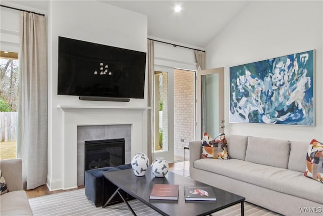 301 Trails End Ln, Tuscaloosa, AL 35406 - living room featuring vaulted ceiling, wood finished floors, and a fireplace