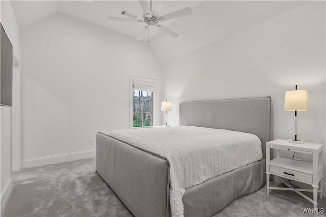 301 Trails End Ln, Tuscaloosa, AL 35406 - carpeted bedroom featuring vaulted ceiling, visible vents, a ceiling fan, and baseboards