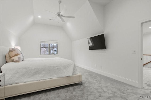 301 Trails End Ln, Tuscaloosa, AL 35406 - bedroom with baseboards, vaulted ceiling, carpet flooring, and ceiling fan