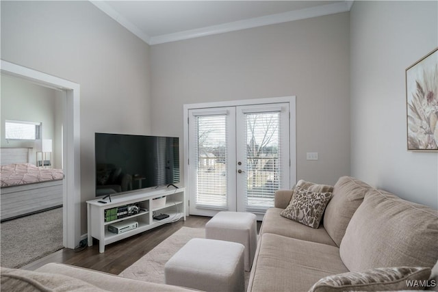 living room featuring crown molding, dark wood-type flooring, french doors, and a towering ceiling