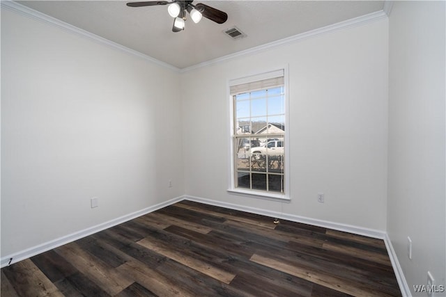 unfurnished room with ceiling fan, dark hardwood / wood-style flooring, and ornamental molding