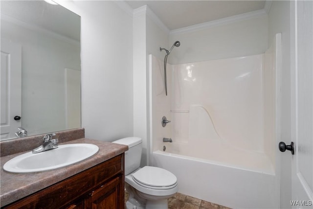 full bathroom featuring shower / bathing tub combination, vanity, toilet, and ornamental molding