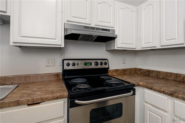 303 Helen Keller Blvd Unit A111, Tuscaloosa, AL 35404 - kitchen with stainless steel range with electric cooktop, under cabinet range hood, and white cabinets