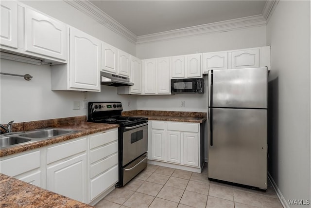 303 Helen Keller Blvd Unit A111, Tuscaloosa, AL 35404 - kitchen with stainless steel appliances, under cabinet range hood, light tile patterned floors, white cabinetry, and ornamental molding