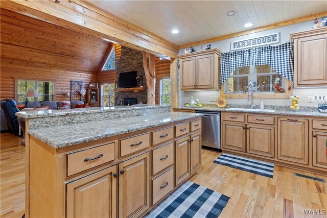 kitchen featuring dishwasher, light hardwood / wood-style floors, wood ceiling, and sink