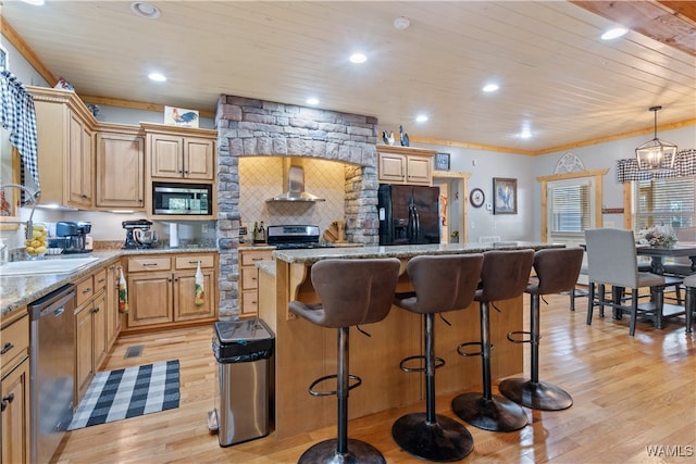 kitchen featuring wood ceiling, light hardwood / wood-style floors, wall chimney range hood, and appliances with stainless steel finishes