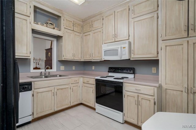 kitchen featuring white appliances, light brown cabinets, and a sink