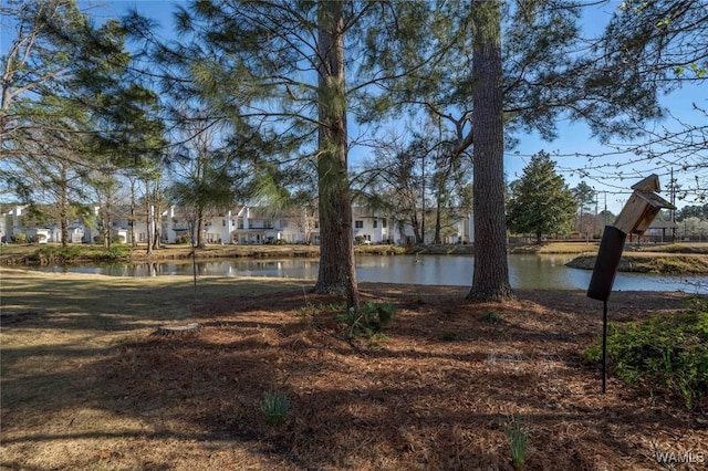 view of yard with a residential view and a water view