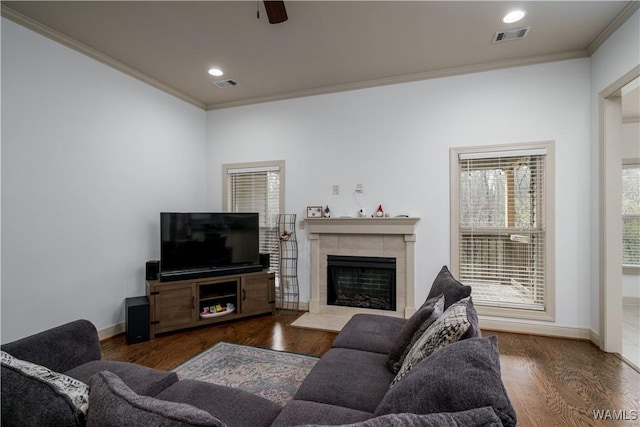 living room with crown molding, a fireplace, dark hardwood / wood-style floors, and ceiling fan