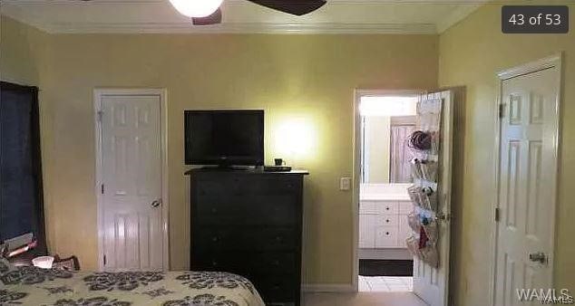 bedroom featuring ceiling fan and crown molding