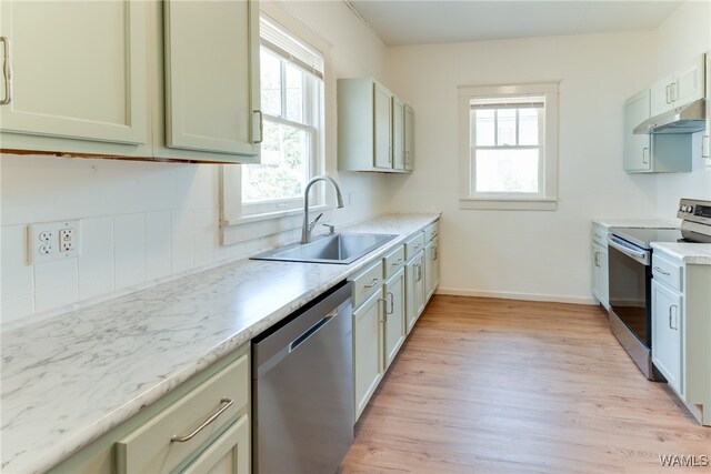 kitchen with light wood-type flooring, sink, and appliances with stainless steel finishes