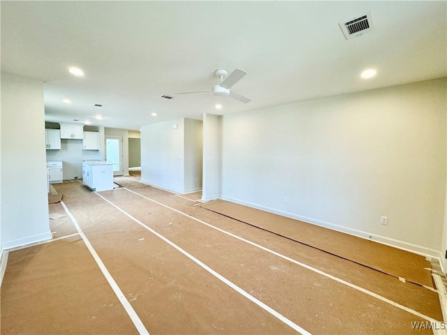 unfurnished room with baseboards, ceiling fan, visible vents, and recessed lighting