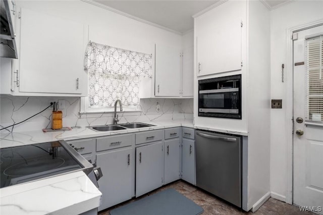 4228 Pelham Heights Rd, Tuscaloosa, AL 35405 - kitchen with stainless steel dishwasher, a sink, ornamental molding, backsplash, and built in microwave