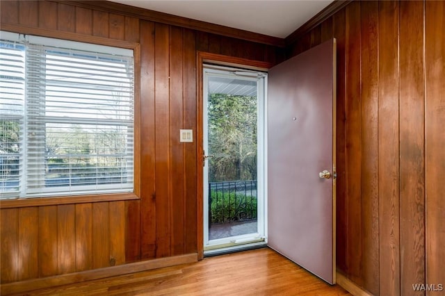 doorway to outside featuring wooden walls, plenty of natural light, and light wood-type flooring