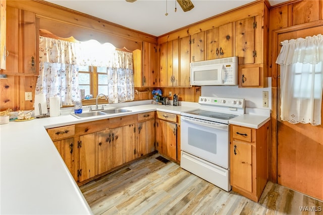 kitchen with white appliances, light hardwood / wood-style floors, ceiling fan, and sink