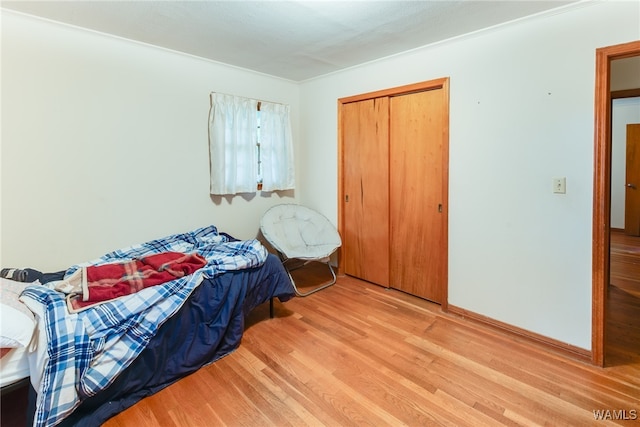 bedroom featuring hardwood / wood-style floors and a closet