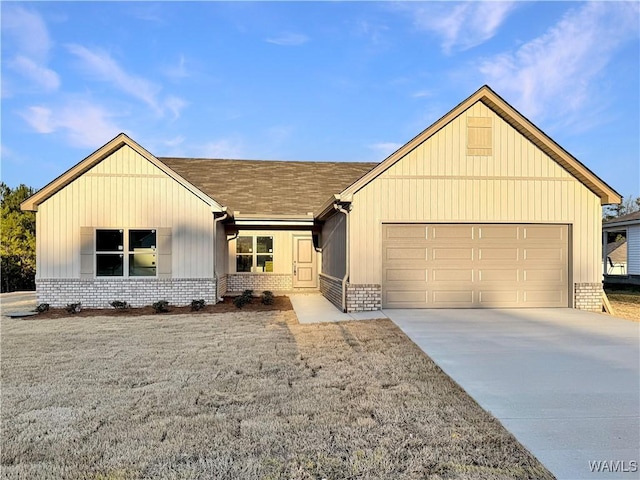 view of front facade featuring driveway, board and batten siding, roof with shingles, an attached garage, and brick siding