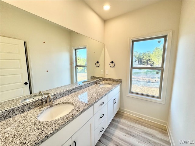 full bathroom with double vanity, wood finished floors, baseboards, and a sink