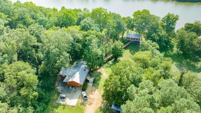 drone / aerial view with a water view