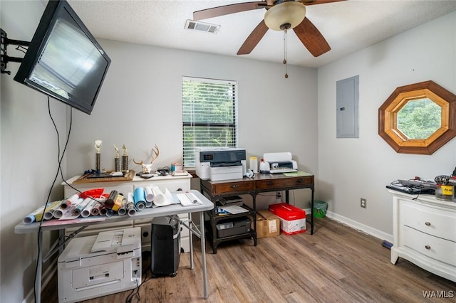 home office with a textured ceiling, wood-type flooring, electric panel, and ceiling fan