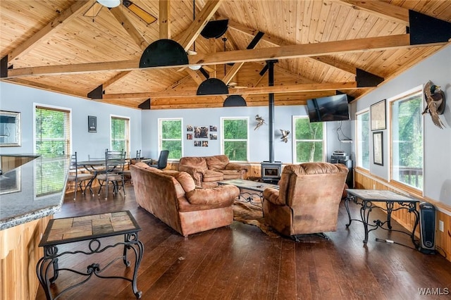 living room featuring vaulted ceiling with beams, wood ceiling, dark hardwood / wood-style floors, and a wood stove