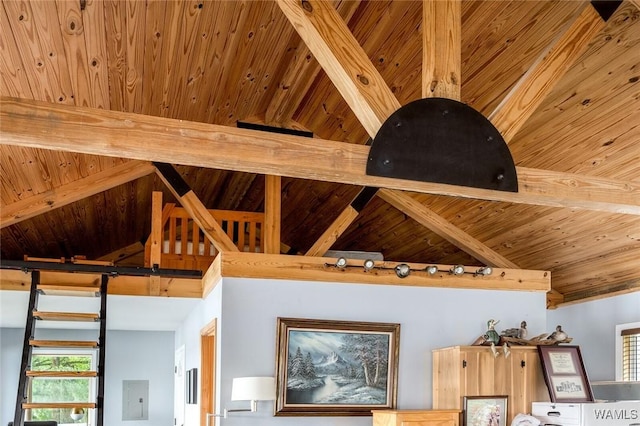 interior details featuring wood ceiling, beam ceiling, and electric panel