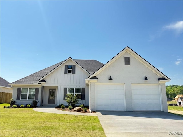 view of front of property with roof with shingles, driveway, fence, board and batten siding, and a front yard
