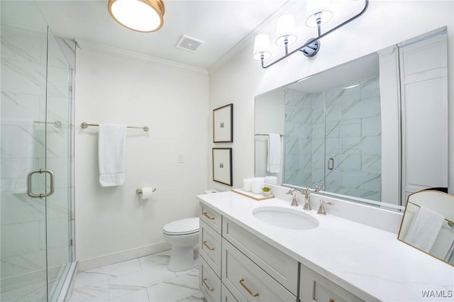 1228 8th St Unit 412, Tuscaloosa, AL 35401 - bathroom with marble finish floors, ornamental molding, a marble finish shower, and vanity