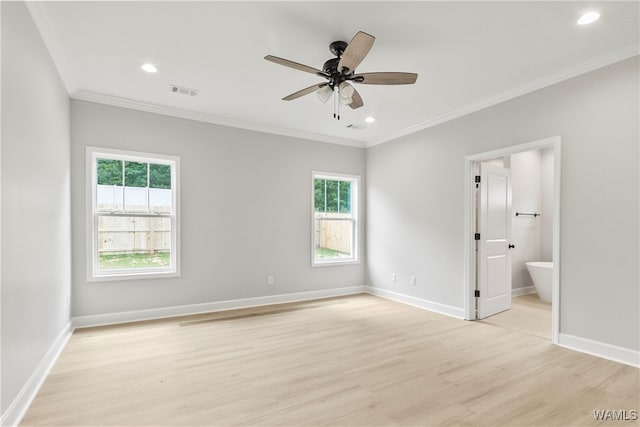 unfurnished bedroom featuring ensuite bathroom, crown molding, ceiling fan, and light hardwood / wood-style floors