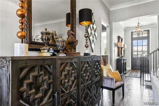 6020 Carleton Park Cir, Tuscaloosa, AL 35406 - bar area with wood finished floors, crown molding, stairs, and a chandelier