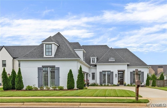 6020 Carleton Park Cir, Tuscaloosa, AL 35406 - french country home with a garage, concrete driveway, a front yard, brick siding, and roof with shingles