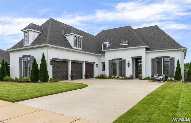6020 Carleton Park Cir, Tuscaloosa, AL 35406 - french country home with brick siding, a front lawn, a shingled roof, and concrete driveway