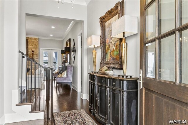6020 Carleton Park Cir, Tuscaloosa, AL 35406 - entrance foyer featuring stairs, ornamental molding, dark wood-type flooring, french doors, and recessed lighting