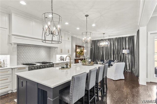 6020 Carleton Park Cir, Tuscaloosa, AL 35406 - kitchen featuring a chandelier, recessed lighting, dark wood finished floors, decorative backsplash, and white cabinets