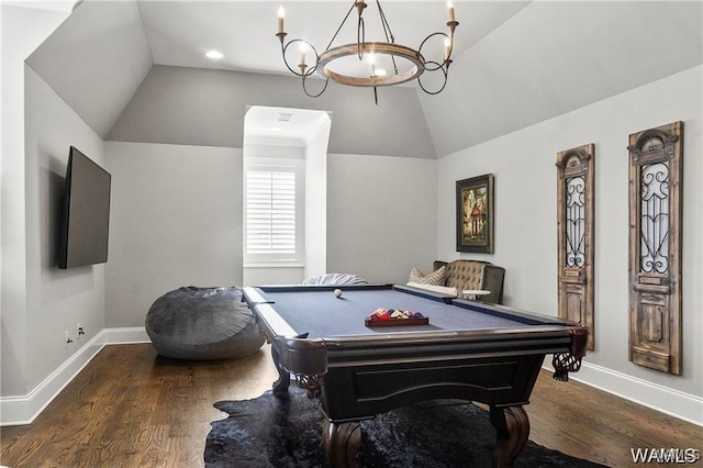 6020 Carleton Park Cir, Tuscaloosa, AL 35406 - game room with vaulted ceiling, wood finished floors, a chandelier, billiards, and recessed lighting