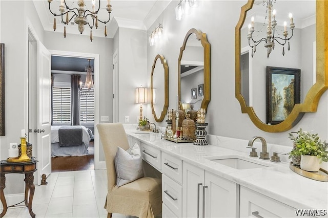 6020 Carleton Park Cir, Tuscaloosa, AL 35406 - full bathroom with a chandelier, double vanity, ornamental molding, tile patterned floors, and connected bathroom