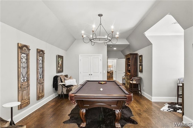 6020 Carleton Park Cir, Tuscaloosa, AL 35406 - rec room featuring a chandelier, wood finished floors, billiards, and lofted ceiling