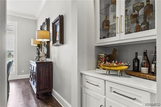 6020 Carleton Park Cir, Tuscaloosa, AL 35406 - bar area with ornamental molding and dark wood finished floors