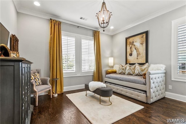 6020 Carleton Park Cir, Tuscaloosa, AL 35406 - bedroom featuring a chandelier, multiple windows, dark wood-type flooring, ornamental molding, and recessed lighting
