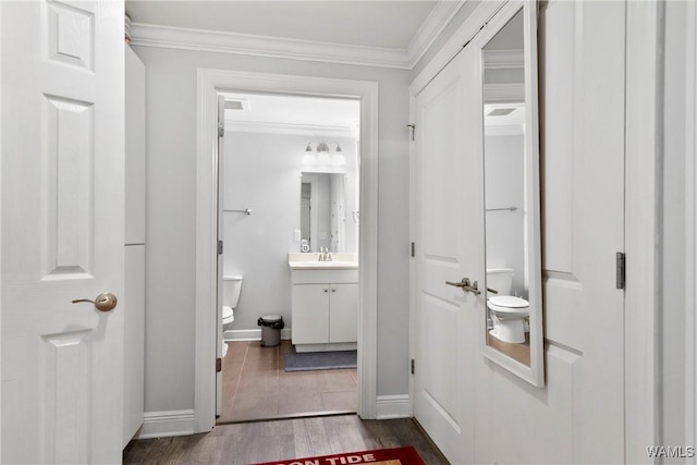 bathroom featuring toilet, ornamental molding, wood-type flooring, and vanity