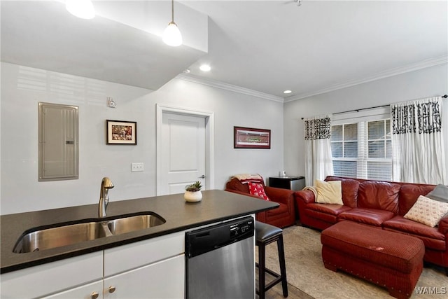 kitchen featuring sink, white cabinetry, dishwasher, electric panel, and crown molding