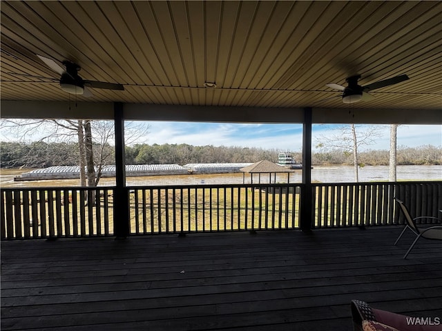 deck featuring a water view and ceiling fan