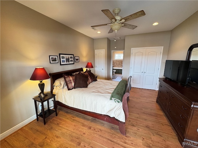 bedroom featuring ceiling fan and light wood-type flooring