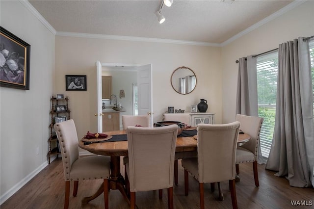1606 Mallard Cir, Tuscaloosa, AL 35405 - dining space with wood finished floors, ornamental molding, baseboards, and rail lighting