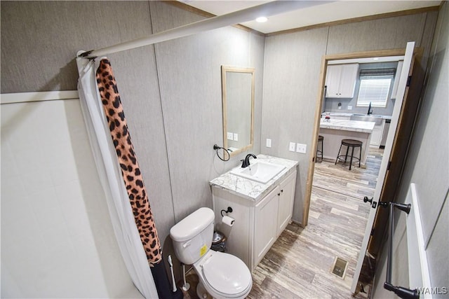 14371 Paul Mills Rd, Buhl, AL 35446 - bathroom featuring wood finished floors, vanity, and a shower with shower curtain