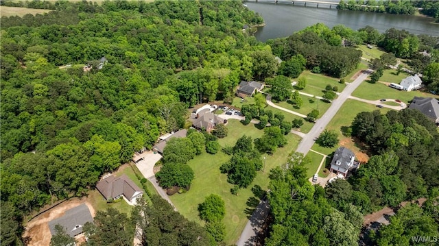 bird's eye view featuring a water view and a wooded view