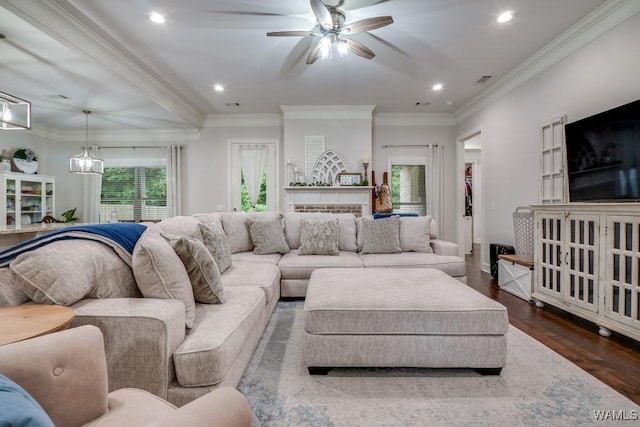 13782 Highland Pointe Dr, Northport, AL 35475 - living room featuring a ceiling fan, dark wood-style floors, recessed lighting, a fireplace, and crown molding