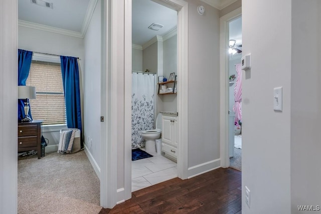 13782 Highland Pointe Dr, Northport, AL 35475 - hall featuring baseboards, crown molding, and carpet flooring
