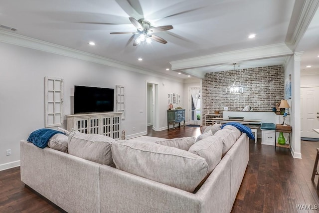 13782 Highland Pointe Dr, Northport, AL 35475 - living room with ceiling fan, crown molding, dark wood-style floors, recessed lighting, and baseboards