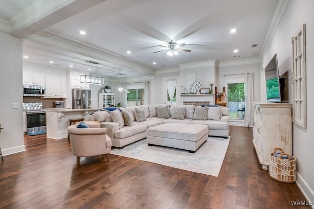 13782 Highland Pointe Dr, Northport, AL 35475 - living room with dark wood finished floors, ceiling fan, plenty of natural light, recessed lighting, and ornamental molding